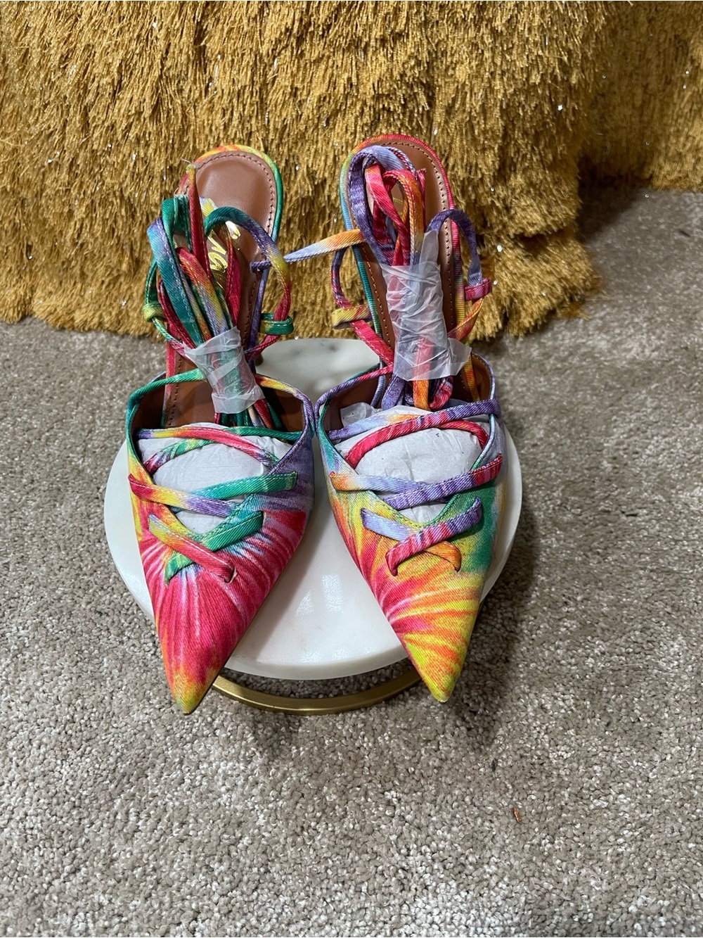Women's Multicolor Tie-Dye Pointed Toe Lace-Up Heels
